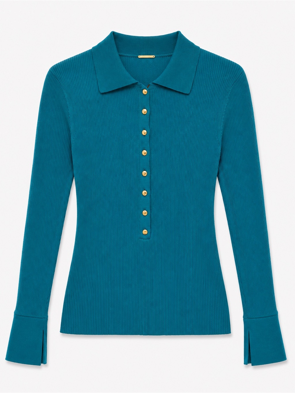 Elie Tahari Teal Ribbed Long-Sleeve Polo with Gold Buttons